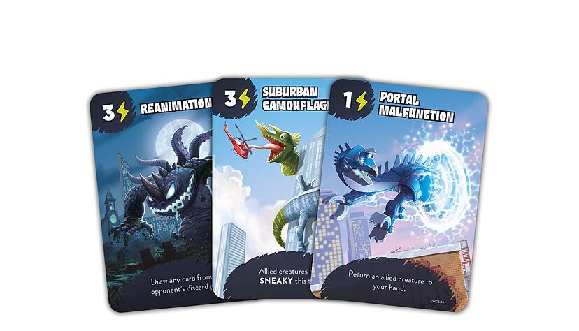 Mit den Karten von &laquo;Mindbug&raquo; lassen zwei Spielende ihre Monster gegeneinander antreten. Mit W&uuml;rfeln von &laquo;King of Tokyo&raquo; k&ouml;nnen die Monster verst&auml;rkt werden - dazu muss man aber spezielle Powerkarten erwerben.