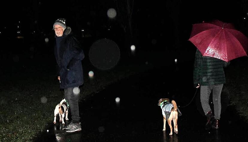 Es ist stockdunkel beim Gassigehen durch den Obersulmer Trendsportpark. Nur die Hundehalsbänder sind eine Lichtquelle. Foto: Friedrich Es ist stockdunkel beim Gassigehen durch den Obersulmer Trendsportpark. Nur die Hundehalsbänder sind eine Lichtquelle. Foto: Friedrich