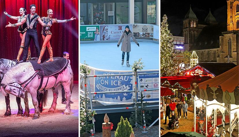 Der Heilbronner Weihnachtszirkus (von links) gastiert auf der Theresienwiese, in Bad Rappenau kann Schlittschuh gelaufen werden und in Heilbronn hat der Weihnachtsmarkt noch bis Freitag geöffnet. Der Heilbronner Weihnachtszirkus (von links) gastiert auf der Theresienwiese, in Bad Rappenau kann Schlittschuh gelaufen werden und in Heilbronn hat der Weihnachtsmarkt noch bis Freitag geöffnet.