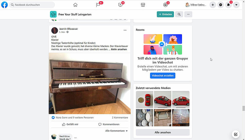 In der "Free your Stuff"-Gruppe Leingarten wurde kürzlich ein Klavier angeboten. Screenshot: Milva-Katharina Klöppel