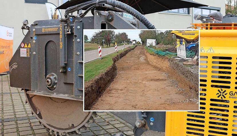Wann kommt endlich die Verlege-Fräse? In Bad Friedrichshall, Neuenstein oder Brackenheim war sie schon in Aktion. Andernorts ist weiter Warten angesagt. Beim Radweg nach Gaisbach (kleines Foto) will Kupferzell nun selbst ein Rohr legen.