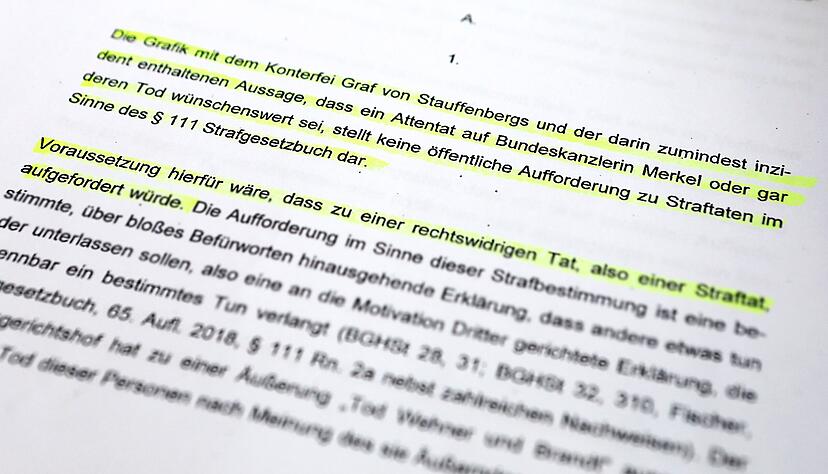 Ausriss aus dem Schreiben der Staatsanwaltschaft an AfD-Stadtrat Michael Seher: Weil nicht explizit zu einer Straftat aufgerufen wird, werde von der Einleitung eines Ermittlungsverfahrens abgesehen.
Foto: Matthias Heibel