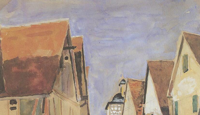 Eine Gasse im alten Bönnigheim, gemalt in Aquarelltechnik.