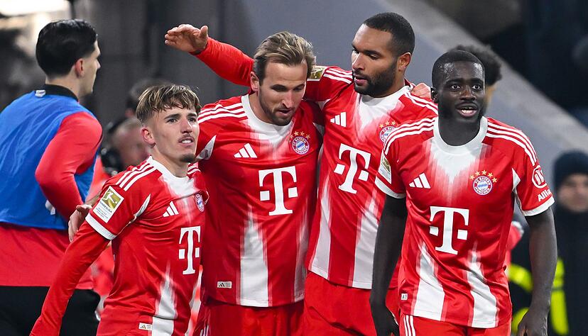 Sechsmal Münchner Torjubel nach dem 0:2-Fehlstart: Lennart Karl, Schütze Harry Kane, Jonathan Tah und Dayot Upamecano nach dem 4:2. Sechsmal Münchner Torjubel nach dem 0:2-Fehlstart: Lennart Karl, Schütze Harry Kane, Jonathan Tah und Dayot Upamecano nach dem 4:2.