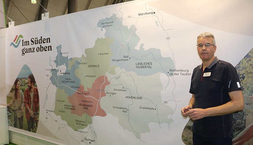 Bei der Rad- und Wandermesse in Halle 9 hat der Nord-Verbund die sechs Ferienregionen im Norden Baden-W&uuml;rttembergs schon visualisiert.