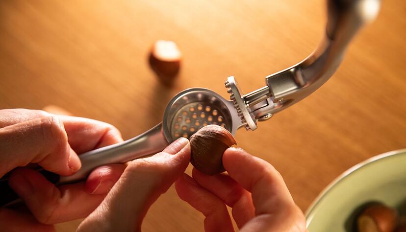 Schritt 1: Haselnuss in die Knoblauchpresse legen.