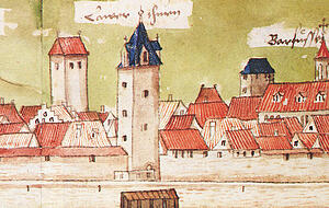 Der Heilbronner Lohturm 1554 auf einem Ausschnitt aus der ältesten Stadtansicht. Foto: Stadtarchiv Heilbronn Der Heilbronner Lohturm 1554 auf einem Ausschnitt aus der ältesten Stadtansicht. Foto: Stadtarchiv Heilbronn