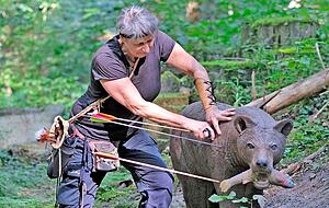 Helga Groß löst die Pfeile aus der Bär-Attrappe, die an einem steileren Hang platziert ist. Es wird über den Bach geschossen. Helga Groß löst die Pfeile aus der Bär-Attrappe, die an einem steileren Hang platziert ist. Es wird über den Bach geschossen.