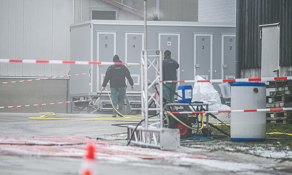 Zwei Männer arbeiten hinter Rot-weißem Flatterband, das den Durchgang an einer Halle sperrt, auf einem Hof mit Putenmast.