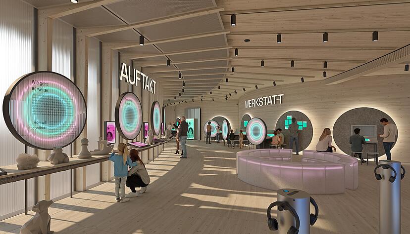 Eine natürliche Holz-Optik mit moderner Technik vereint: So soll es im KI-Pavillon aussehen. Illustration: Experimenta Heilbronn