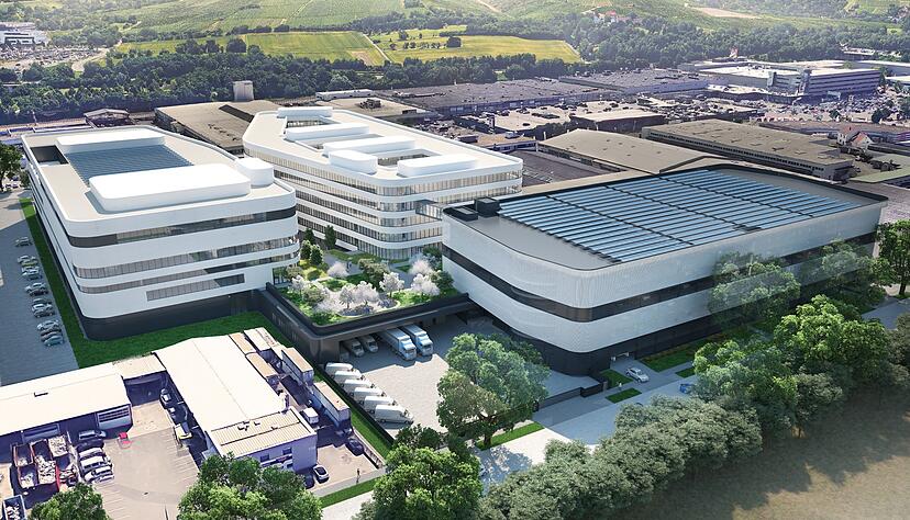 Zwischen der Heilbronner Au- und der Neckarsulmer R&ouml;telstra&szlig;e baut die Schwarz-Gruppe f&uuml;r Lidl ein internes Messezentrum. Die Architektur stellt das benachbarte Kaufland in den Schatten.
Foto: Schwarz-Gruppe