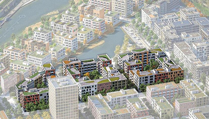 Die Visualisierung hebt den zweiten Bauabschnitt hervor. Im Baufeld K (rechts) wurde der Spaten im Herbst 2022 angesetzt, in L und M im Mai 2023.
Foto: Machleidt GmbH_Stadt HN_Jens Gehrcken Die Visualisierung hebt den zweiten Bauabschnitt hervor. Im Baufeld K (rechts) wurde der Spaten im Herbst 2022 angesetzt, in L und M im Mai 2023.
Foto: Machleidt GmbH_Stadt HN_Jens Gehrcken