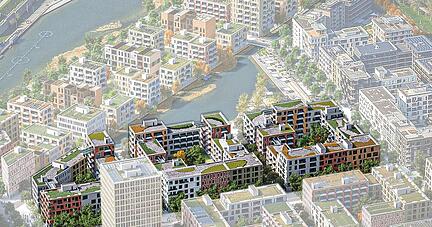 Die Visualisierung hebt den zweiten Bauabschnitt hervor. Im Baufeld K (rechts) wurde der Spaten im Herbst 2022 angesetzt, in L und M im Mai 2023.
Foto: Machleidt GmbH_Stadt HN_Jens Gehrcken