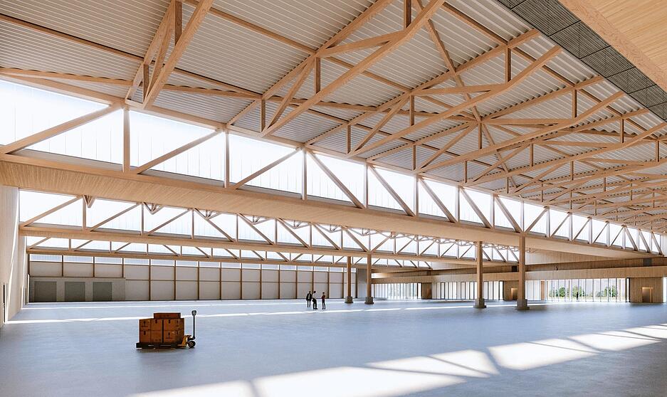 Eine Produktionshalle in Holzbauweise ist im Gewerbepark Hohenlohe entstanden. Bauherr: SWG Schraubenwerk Gaisbach. Entwurf: Hermann Kaufmann + Partner ZT GmbH, Schwarzach, Österreich.