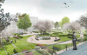 So sehen die Planer des Stuttgarter Landschaftsarchitekturb&uuml;ros Gl&uuml;ck den Harmonie-Stadtgarten vom Hotel aus. Der Blick geht &uuml;ber den sogenannten Seminargarten auf das bisher nur projektierte Boardinghouse.Animation: Gl&uuml;ck Landschaftsarchitektur