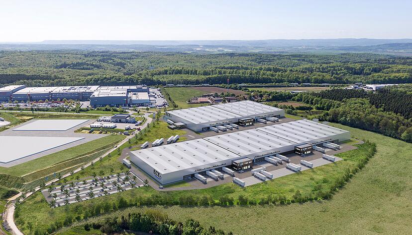 Auf einem Grundst&uuml;ck westlich des Verkehrskreisels im Industriegebiet Habichtsh&ouml;fe und in direkter N&auml;he zum Kaufland-Lager entsteht an der A81 in M&ouml;ckm&uuml;hl ein neues Logistikzentrum.
Visualisierung: ECE