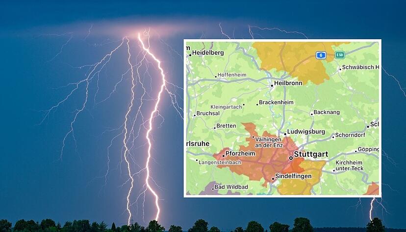 Die Warnkarte der App "Katwarn" färbt sich bunt: In Baden-Württemberg wird vor schweren Gewittern (rot) und Hochwasser (gelb) gewarnt.