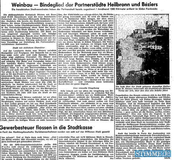 Im Oktober 1963 sprechen sich die französischen Stadtverordneten in Béziers für die Jumélage mit der Unterland-Metropole Heilbronn aus. Was Heilbronn und Béziers verbindet ist vor allem der Weinbau berichtet die Heilbronner Stimme am 4. Oktober.