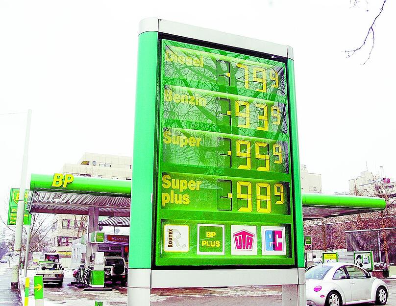 Januar 2002: Die Preistafel der BP-Tankstelle an der Heilbronner Oststra&szlig;e ist umgestellt.