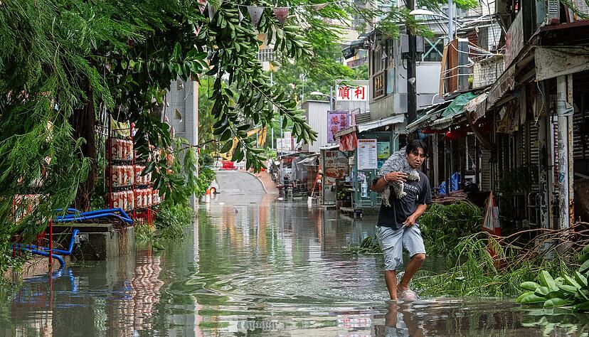 Ein Anwohner trägt in Hongkong ein Haustier durch das Hochwasser.