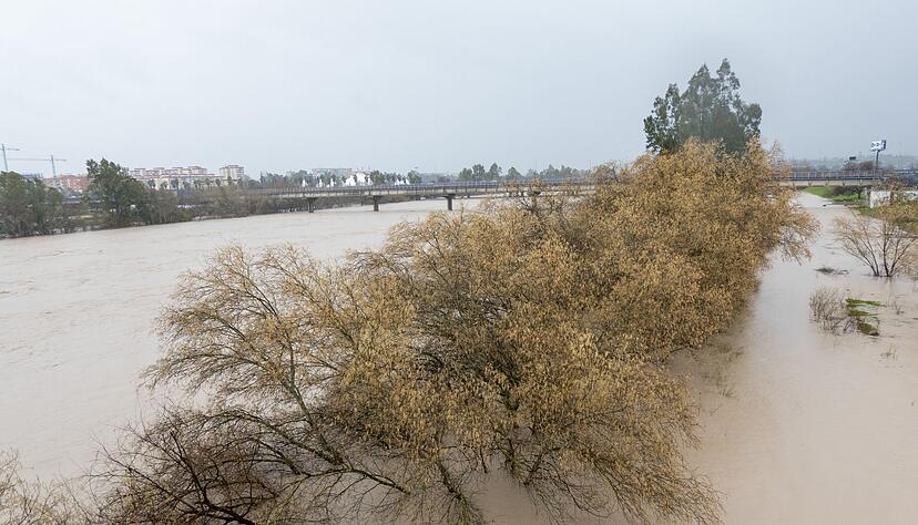 Am Samstag hatte das Sturmtief "Marta" zahlreiche Fl&uuml;sse wie hier den Guadalquivir in Andalusien &uuml;ber die Ufer treten lassen. Es war bereits der siebte Atlantiksturm seit Jahresbeginn, der &uuml;ber Portugal, Spanien und Marokko hinwegzog.