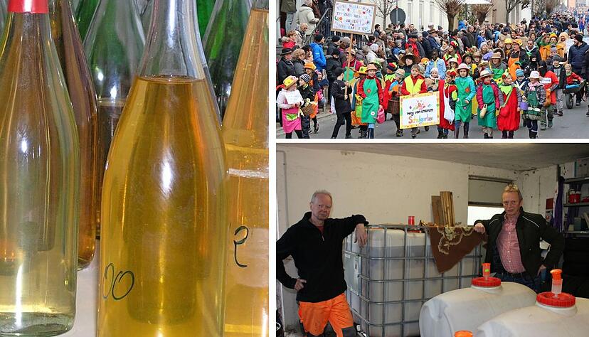Die Mostprämierung hat eine lange Tradition. Auch Manfred (rechtes oberes Bild links) und Martin Schmitt aus Oberginsbach nehmen in jedem Jahr teil. Der Pferdemarkt in Dörzbach bietet aber auch einen Umzug mit bunten Wägen (rechtes unteres Bild).