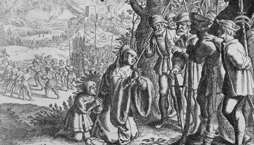 Die Gräfin von Helfenstein bittet um Gnade für Ihren Mann, im Hintergrund werden die Adeligen bereits durch die Spieße gejagt. Merians Kupferstich von 1629 ist historisch nicht korrekt. Die Gräfin von Helfenstein bittet um Gnade für Ihren Mann, im Hintergrund werden die Adeligen bereits durch die Spieße gejagt. Merians Kupferstich von 1629 ist historisch nicht korrekt.
