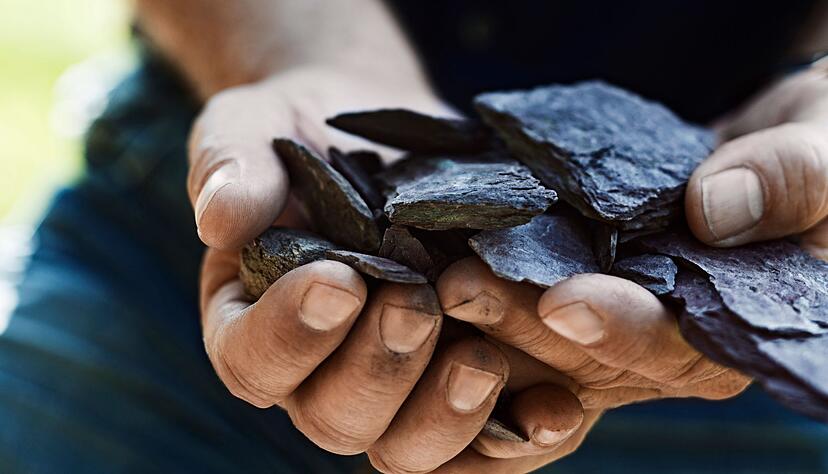 Ein Winzer hält Schiefer-Steine in den Händen. Schieferböden verleihen dem Riesling eine gewisse «Rauchigkeit», Feuersteinnoten und salzige Mineralität. Ein Winzer hält Schiefer-Steine in den Händen. Schieferböden verleihen dem Riesling eine gewisse «Rauchigkeit», Feuersteinnoten und salzige Mineralität.