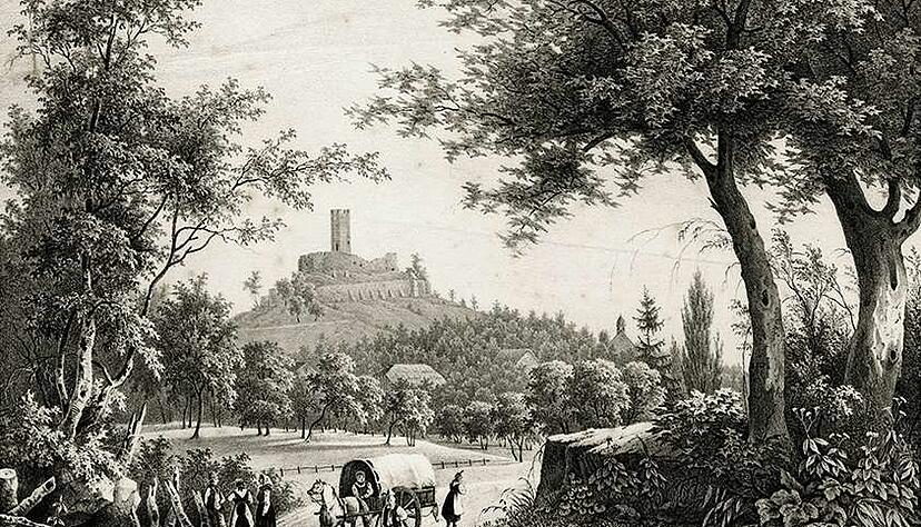 Eine Lithografie der Burg Steinsberg um 1829 Eine Lithografie der Burg Steinsberg um 1829
