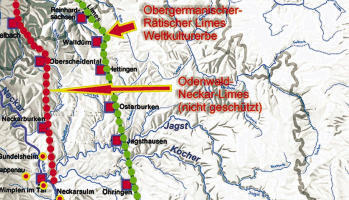 Die Karte zeigt die Lage. Links der Odenwald-Neckar-Limes (rot), rechts das Weltkulrurerbe Obergermanischer-R&auml;tischer-Limes (gr&uuml;n) Ein Entwicklungsplan soll die beiden Trassen anpassen.Grafik: Landauer