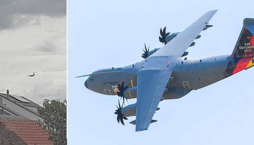 Transportflugzeug der Bundeswehr vom Typ Airbus A-400M flog - f&uuml;r viele Menschen auff&auml;llig tief - am Montagmittag &uuml;ber die Region.