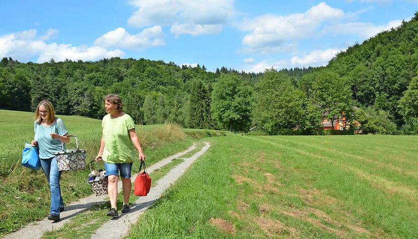 Das F&uuml;nfm&uuml;hlental bei Bad Rappenau ist eine beliebte Wanderroute. Diese Damen bringen den Proviant f&uuml;r eine Ausflugsgruppe aus Osterburken.Fotos: Ulrike Plapp-Schirmer