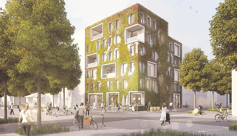 Eine begrünte Fassade planen die Heilbronner Architekten Mattes und Riglewski für ihr Gebäude Neckarbogen. Visualisierung: Mattes