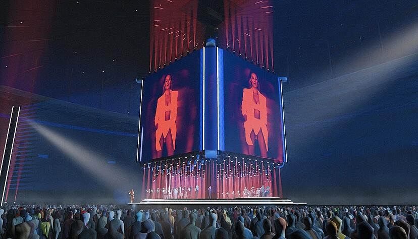 Wie dieses Vorschaubild zeigt, wird ein gro&szlig;er W&uuml;rfel die B&uuml;hne auf Helene Fischers 360&deg;-Stadion-Tour dominieren.