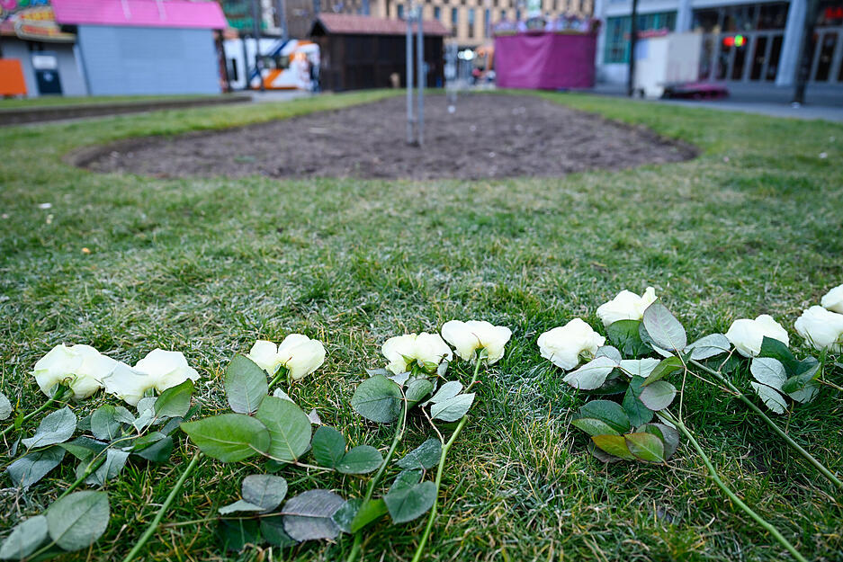 Weiße Rosen liegen in der Nähe des Mannheimer Paradeplatzes auf einer Grünfläche. Weiße Rosen liegen in der Nähe des Mannheimer Paradeplatzes auf einer Grünfläche.