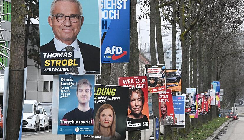 In Heilbronn werben die Parteien mit Wahlplakaten f&uuml;r sich.