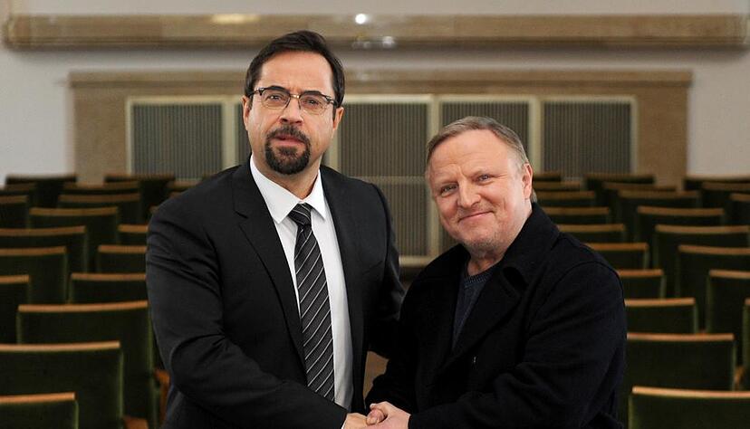Das Tatort-Duo aus Münster: Jan Josef Liefers (l., Professor Boerne) und Axel Prahl (Ermittler Frank Thiel). Foto: dpa