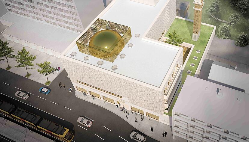 Die Visualisierung zeigt neben zwei bestehenden Gebäuden den Moschee-Neubau. Er wäre 16,90 Meter hoch, die Kuppel weitere 4,15 Meter. Zu Füßen des 28 Meter hohen Minaretts ist ein kleiner Innenhof geplant. Von der Weinsberger Straße her zweigt die Tiefgaragen-Zufahrt ab.
Foto: Müller Architekten