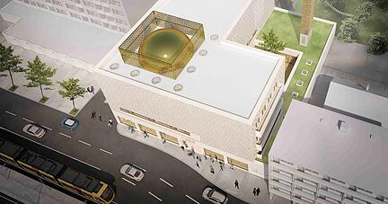 Die Visualisierung zeigt neben zwei bestehenden Gebäuden den Moschee-Neubau. Er wäre 16,90 Meter hoch, die Kuppel weitere 4,15 Meter. Zu Füßen des 28 Meter hohen Minaretts ist ein kleiner Innenhof geplant. Von der Weinsberger Straße her zweigt die Tiefgaragen-Zufahrt ab.
Foto: Müller Architekten