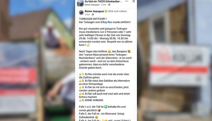 Mithilfe eines Facebook-Posts suchen die Veranstalter vom S'Kay Run nach einem verschwundenen Torbogen.