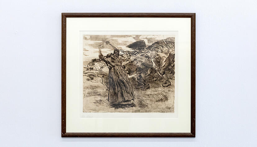 Käthe Kollwitz: „Losbruch“ aus dem Zyklus „Bauernkrieg“, 1902, eine Radierung auf Papier.