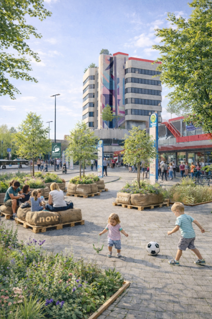 In der Stadt soll es "mobiles Gr&uuml;n" geben &ndash; wie hier an dem Busbahnhof vor dem Heilbronner Wollhaus.