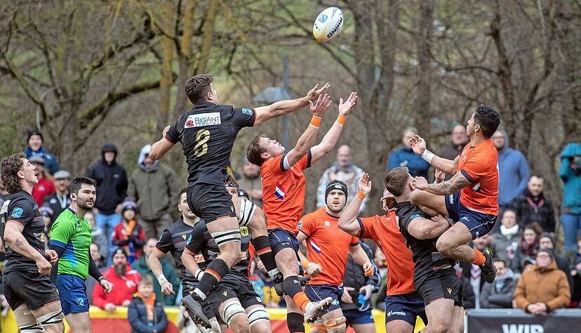 Die Schwarzen Adler um Oliver Stein (Nummer acht) streckten sich vergeblich. Die L&auml;nderspiel-Premiere auf dem Pichterich entschied am Ende das Team aus der Niederlande f&uuml;r sich.
