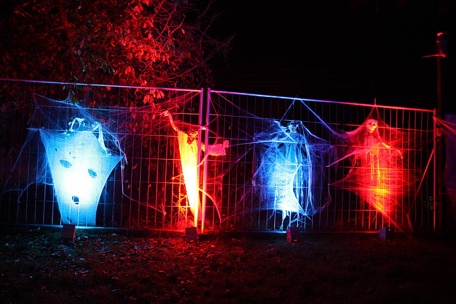 Vier Skelette, die von dicken Spinnweben gefangen gehalten werden. Vier Skelette, die von dicken Spinnweben gefangen gehalten werden.