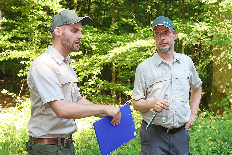 Revierleiter Robin Ihle f&uuml;hrte gemeinsam mit Forstabteilungsleiter Immanuel Schmutz durch das Gel&auml;nde.