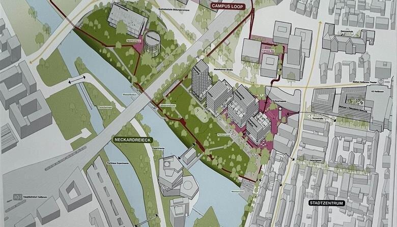 Der Stadtplan verdeutlicht, wo der Bildungscampus erweitert wird – und damit weiter in die Innenstadt rückt. Der Campus Loop zeigt die Anbindung für Fußgänger und Radfahrer. Der Stadtplan verdeutlicht, wo der Bildungscampus erweitert wird – und damit weiter in die Innenstadt rückt. Der Campus Loop zeigt die Anbindung für Fußgänger und Radfahrer.