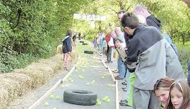Spaß hatten kleine und große Zuschauer beim ersten Eschenauer Entenrennen. Welcher nummerierte Tennisball kullert wohl als erster ins Ziel? (Foto: Margit Stöhr-Michalsky) Spaß hatten kleine und große Zuschauer beim ersten Eschenauer Entenrennen. Welcher nummerierte Tennisball kullert wohl als erster ins Ziel? (Foto: Margit Stöhr-Michalsky)