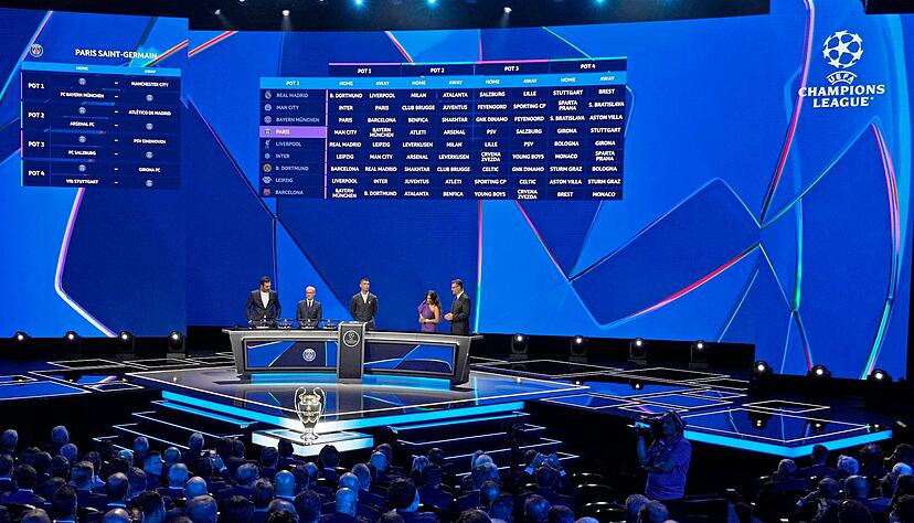 Große Namen, großer Rahmen: In Monaco waren Ex-Torhüter Gianluigi Buffon, Giorgio Marchetti von der Uefa und Cristiano Ronaldo bei der Auslosung dabei. Foto: dpa Große Namen, großer Rahmen: In Monaco waren Ex-Torhüter Gianluigi Buffon, Giorgio Marchetti von der Uefa und Cristiano Ronaldo bei der Auslosung dabei. Foto: dpa