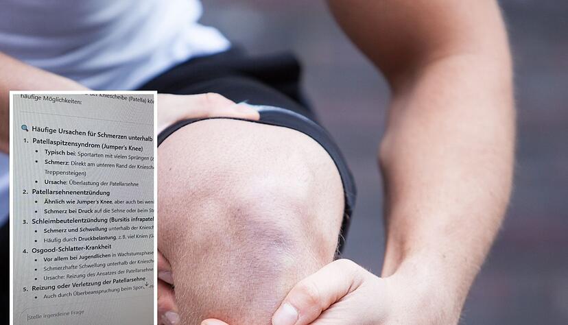Schmerzen im Knie, was könnte die Ursache sein? Viele Menschen versuchen via ChatGPT eine Diagnose für ihre Beschwerden zu bekommen. Schmerzen im Knie, was könnte die Ursache sein? Viele Menschen versuchen via ChatGPT eine Diagnose für ihre Beschwerden zu bekommen.