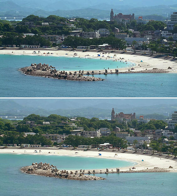Diese Kombination von Bildern, die von einem Video mit fester Position aufgenommen wurden, zeigt einen Strand unmittelbar nach einem starken Erdbeben in der Nähe der russischen Halbinsel Kamtschatka (oben) und nachdem die Menschen aufgrund einer Tsunami-Warnung das Gebiet verlassen mussten. Diese Kombination von Bildern, die von einem Video mit fester Position aufgenommen wurden, zeigt einen Strand unmittelbar nach einem starken Erdbeben in der Nähe der russischen Halbinsel Kamtschatka (oben) und nachdem die Menschen aufgrund einer Tsunami-Warnung das Gebiet verlassen mussten.